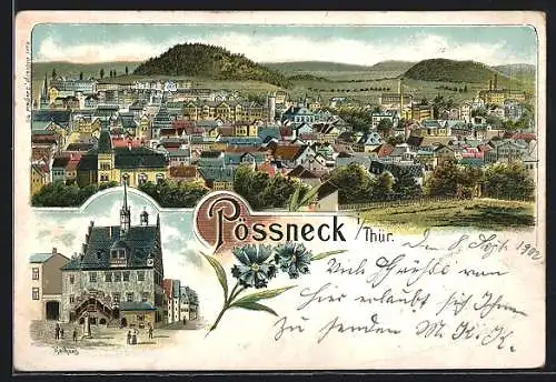 Lithographie Pössneck, Ansicht vom Rathaus, Teilansicht der Stadt