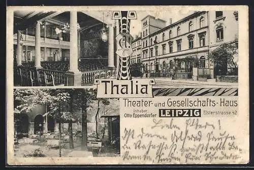 AK Leipzig, Theater und Gesellschaftshaus Thalia v. Otto Eppendorfer, Elsterstrasse 42, mit Innen- und Gartenansicht