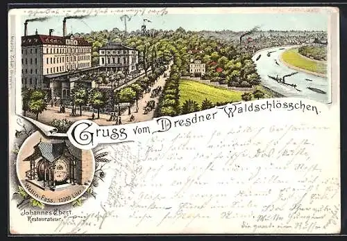 Lithographie Dresden-Neustadt, Restaurant Waldschlösschen von J. Ebert, Wettin-Fass