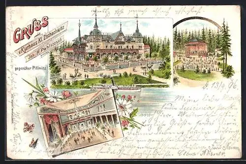 Lithographie Kleinzschachwitz, Kurhaus v. R. Pahlitzsch, Saal und Concertpavillon