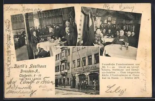 AK Dresden, Barth`s Gasthaus v. Max Lange, Töpferstrasse 8-10, gesellige Innenansichten