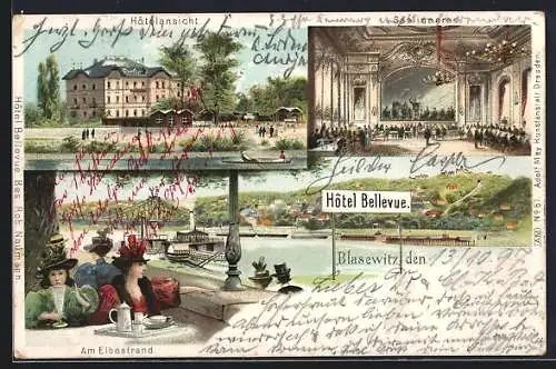 Lithographie Dresden-Blasewitz, Hotel Bellevue mit Saalinnerem, Elbestrand mit Ortsblick