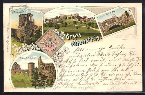 Lithographie Altenstein / Mainfranken, Schlosskapelle, Ruine Altenstein, Aussichts-Warte