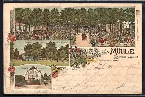 Lithographie Leipzig-Gohlis, Gasthof zur Mühle, Gartenwirtschaft, Eingang