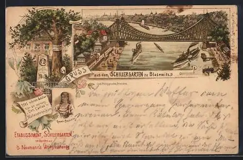 Lithographie Dresden-Blasewitz, Gasthaus Schillergarten, Flussansicht