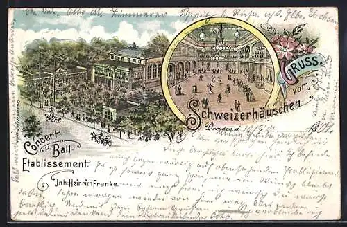 Lithographie Dresden, Konzert- u. Ball-Etablissement Café Schweizerhäusschen in der Schweizer Strasse 1