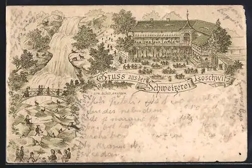 Lithographie Dresden-Loschwitz, Gasthaus Schweizerei, Ausflügler am Wasserfall