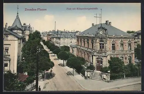 AK Dresden-Plauen, Post mit Klingenbergerstrasse aus der Vogelschau