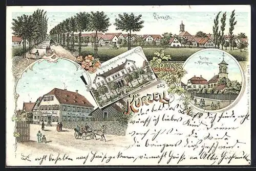 Lithographie Kürzell, Gasthaus zum Kreuz, Rathaus & Schule, Kirche mit Pfarrhaus