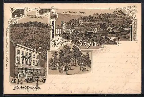 Lithographie Sayn, Hotel Kruppe mit Friedrich-Alfreds-Höhe, Ortsansicht