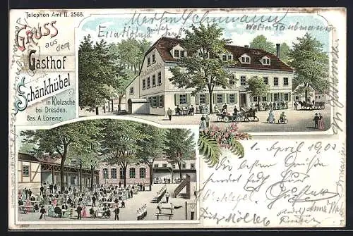 Lithographie Dresden-Klotzsche, Gasthof Schänkhübel mit Gartenlokal