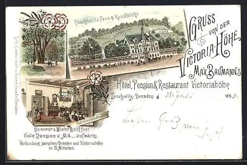 Lithographie Loschwitz /Dresden, Pension Victoria-Höhe v. Max Baumann mit Innenansicht, Parkpartie