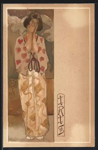 Künstler-AK sign. Giovanni Mataloni: Iris, Japanerin im Kimono verbirgt das Gesicht, Jugendstil