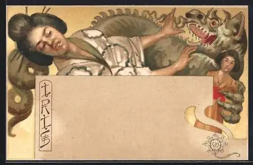 Künstler-AK sign. Giovanni Mataloni: Iris, Drache entreisst einer Geisha ihre Puppe, Jugendstil