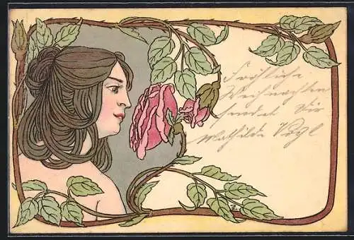 Künstler-AK Schöne Frau riecht an einer Rose, Jugendstil