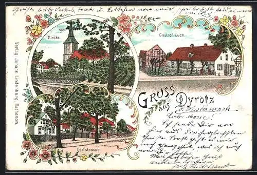 Lithographie Dyrotz, Gasthof Euen, Kirche, Dorfstrasse