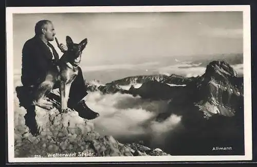 AK Säntis, Hotel Säntis, Wetterwart Steier mit Schäferhund, Blick zum Altmann