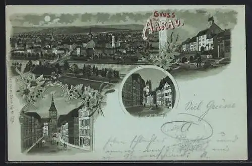 Mondschein-Lithographie Aarau, Haldenthor, Blick aus dem Stadthöfli, Obere Vorstadt