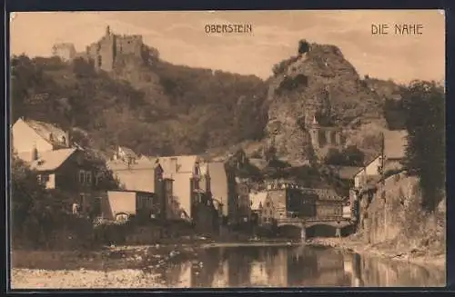 AK Oberstein, Ortsansicht mit Uferpartie an der Nahe