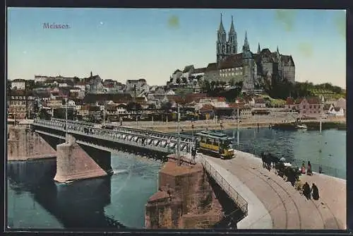 AK Meissen, Schloss und Brücke mit Strassenbahn