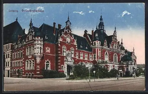 AK Leipzig, Buchhändlerhaus mit Strassenpartie