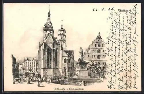 AK Stuttgart, Stiftskirche und Schillerdenkmal