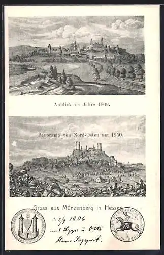 AK Münzenberg /Hessen, Ortsansichten von 1606 und 1850, Siegel