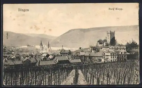 AK Bingen / Rhein, Teilansicht mit Rhein u. Burg Klopp