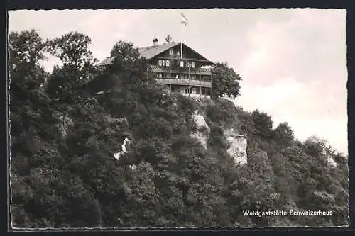 AK Waldgaststätte Schweizerhaus /Burg Rheinstein, Waldgaststätte Schweizerhaus F. C. Jung, Felsenseite