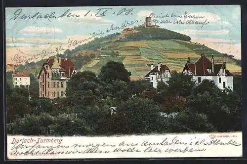 AK Durlach, Ortsansicht mit Turmberg