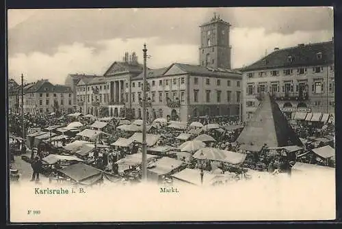 AK Karlsruhe i. B., Marktplatz am Markttag, mit Pyramide