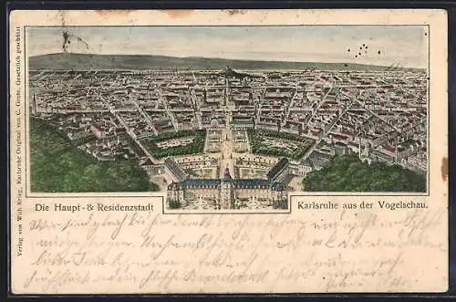 AK Karlsruhe, Schematische Stadtansicht mit Residenzschloss aus der Vogelschau