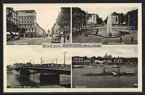 AK Mannheim a. Rhein u. Neckar, Neue Planken, Heidelberger Strasse, Rheinufer, Brücke