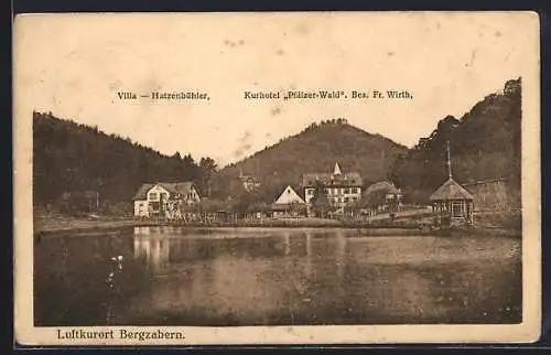 AK Bergzabern, Kurhotel Pfälzer-Wald Fr. Wirth und Villa Hatzenbühler vom Wasser aus, mit Pavillon