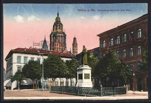 AK Mainz a. Rh., Gutenberg-Denkmal und Dom