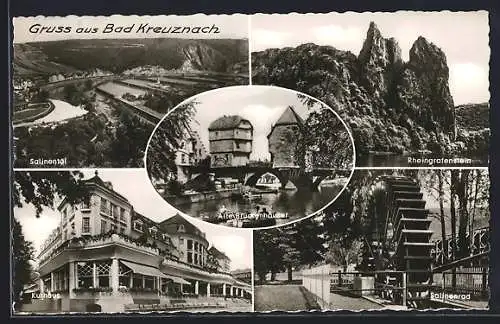 AK Bad Kreuznach, Kurhaus, Alte Brückenhäuser, Salinenrad