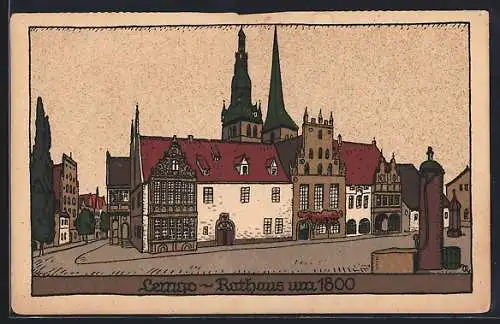 Steindruck-AK Lemgo, Rathaus mit Brunnen um 1800