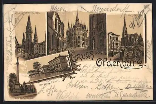 Lithographie Oldenburg / Gr., Augusteum u. Grossherzolgl. Palast, Strassenpartie mit Rathaus, Kirchen