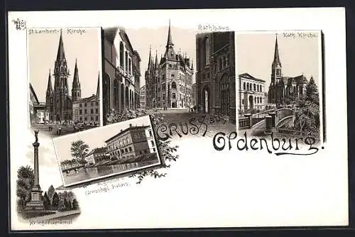 Lithographie Oldenburg / Gr., Rathaus, St. Lambert-Kirche, Kriegerdenkmal