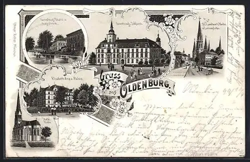 Lithographie Oldenburg / Gr., Elisabeth-Anna-Palais, Grossherz. Schloss, Kath. Kirche