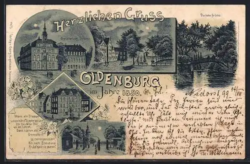 Lithographie Oldenburg / Gr., Grossherzogliches Schloss, Stau und hohe Brücke bei Mondschein