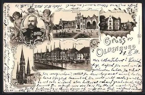 Lithographie Oldenburg / Gr., Neues Schloss, Bahnhof, Am Stau