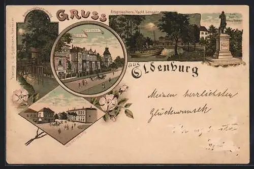 Lithographie Oldenburg / Gr., Erbgrossherzogliche Yacht Lengsahn und Befestigungsturm bei Mondschein, Gottorp-Strasse