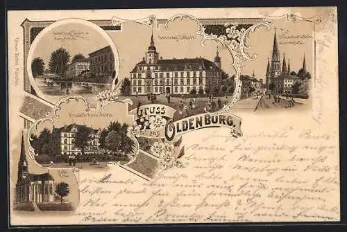 Lithographie Oldenburg / Gr., Grosshzgl. Schloss, St. Lamberti Kirche und Casinoplatz, Augusteum