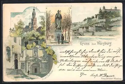 Lithographie Würzburg, Teilansicht mit Burg, Michaelskirche, Geistliches Seminar