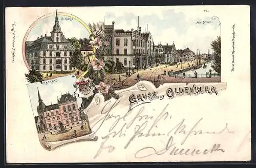 Lithographie Oldenburg / Gr., Schloss, Rathaus, Strassenpartie am Stau