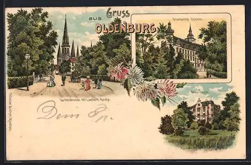 Lithographie Oldenburg / Gr., Neues Palais, Gartenstrasse mit Lamberti-Kirche, Grossherz. Schloss, Pferdekutsche