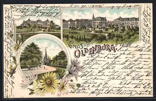 Lithographie Oldenburg / Gr., Cäcilienplatz, Gartenstrasse und Lambertikirche