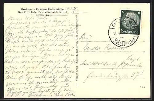 AK Claustal-Zellerfeld, Kurhaus-Pension Untermühle im Eingang des Spiegeltales, Blick von der Gartenseite