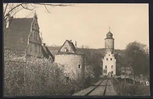 Foto-AK Ochsenfurt a. M., Ortspartie an der Eisenbahnstrecke